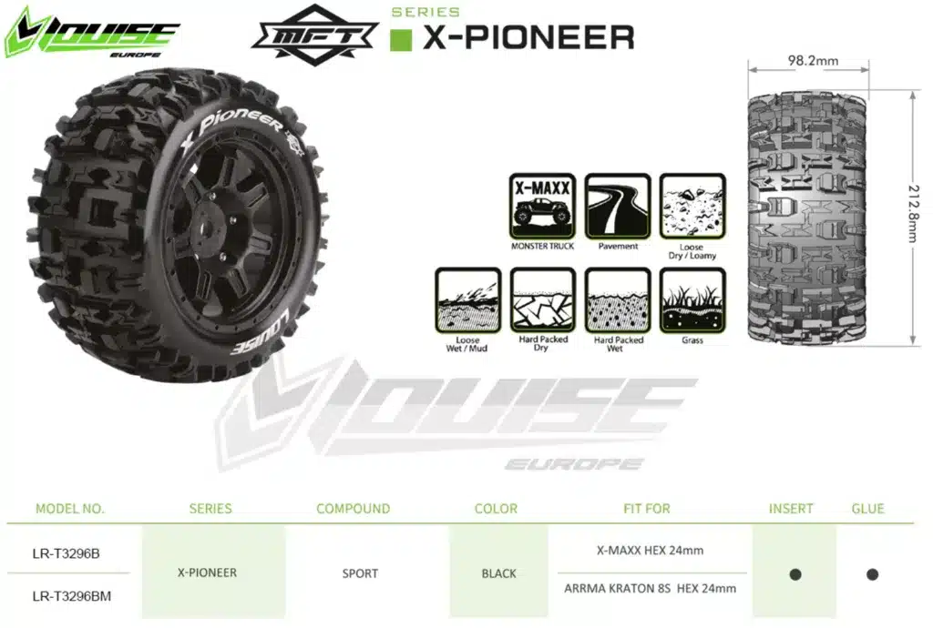Louise RC - MFT - X-PIONEER - Tire Set for X-Maxx - Mounted - Sport - Black Wheels - Hex 24mm - L-T3296B – Image 2